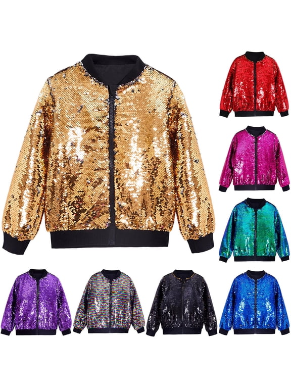 Boys Girls Sparkle Sequins Bomber Jacket, Full Zip Shiny Glitter Y2K Coat for Kids, Party Vintage Fashionale Outerwear