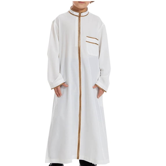 Fancifize Boys Muslim Robe Arab Long Sleeve Thobe Solid Color Round Neck Zipper Pullover Traditional Islamic Robe for Eid