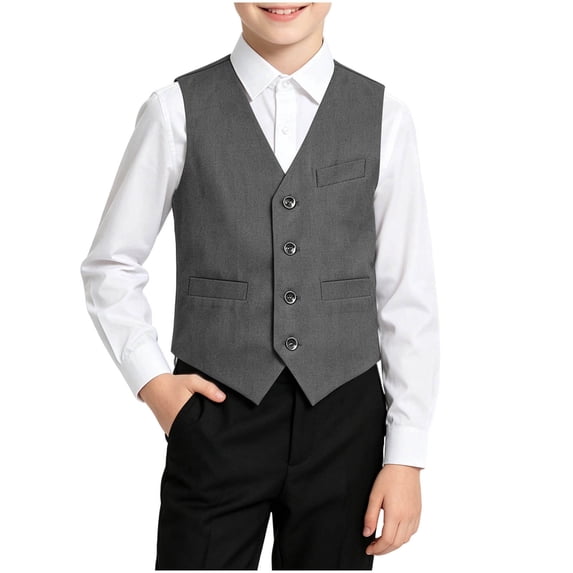 Fancifize Boys Suit Vest Kids V Neck 4 Button School Uniform Waistcoat Wedding Formal Dark Gray Jacket with Pockets