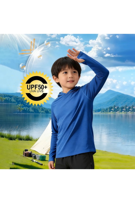 Boys UPF 50+ Rash Guard Hoodies Kids UV Sun Protection Long Sleeve Tshirts Outdoor Fishing Camping Shirts 5-15 Years