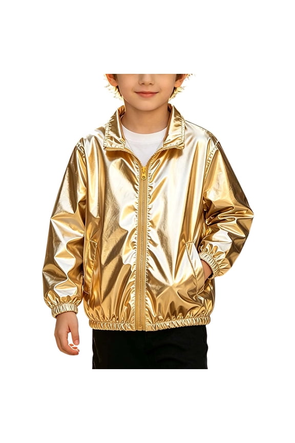 Boys Zip Up Metallic Bomber Jacket Boy's Party Y2K Shiny Lapel Long Sleeve Outerwear with Pockets 4-13 Years
