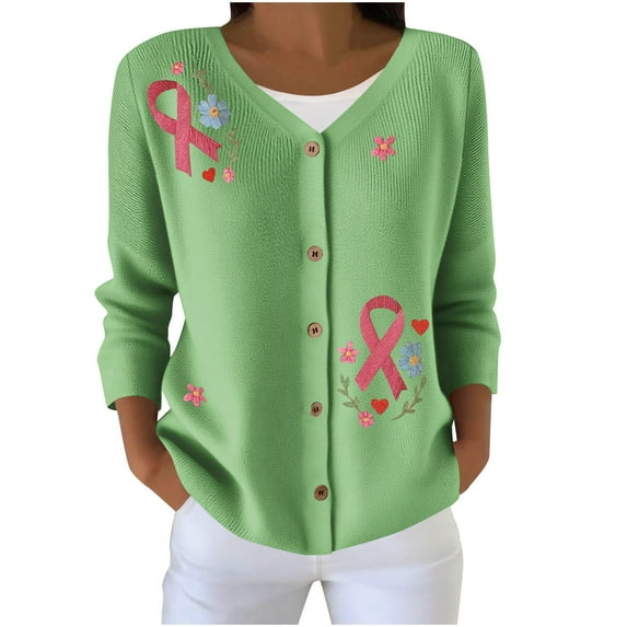 Fancifize Breast Cancer Cardigan for Women Cute Long Sleeve Pink Sweater Lightweight Casual Soft Knit Jacket Fall Winter Outwear for Going Out