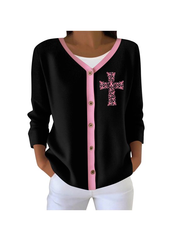 Breast Cancer Cardigan for Women Cute Long Sleeve Pink Sweater Lightweight Casual Soft Knit Jacket Fall Winter Outwear for Going Out
