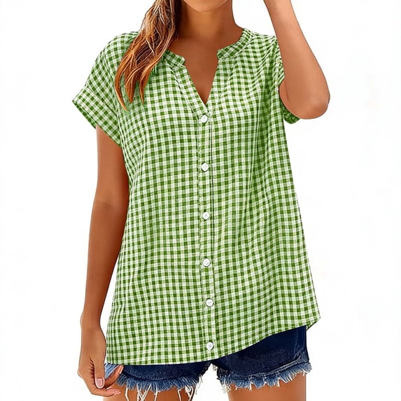 Fancifize Button Down Shirts for Women 3/4 Sleeve Striped Tops Casual Cotton Linen Beach Comfy Blouses Spring Summer Outfits
