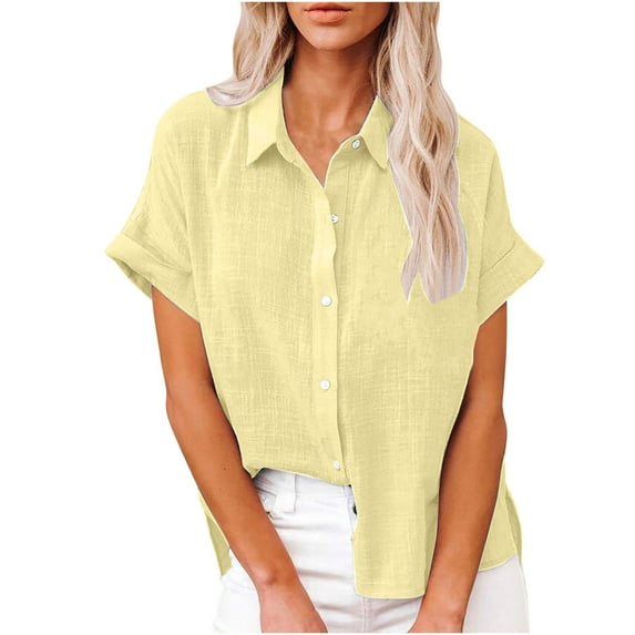 Fancifize Button Down Shirts for Women Cotton Linen Dressy Tops Short Sleeve Collared Blouses V Neck Spring Summer Outdoor Vacation Clothes