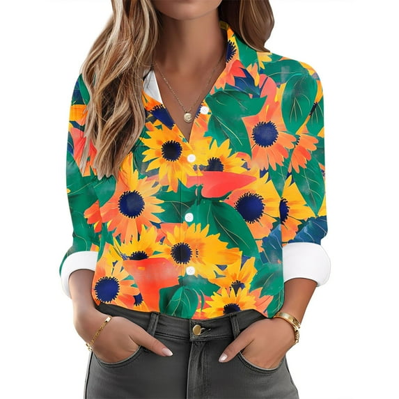 Fancifize Button Down Shirts for Women Dressy Casual Tops Floral Printed Long Sleeve Blouse Business Casual Work Tops