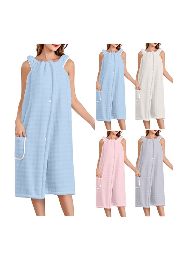 Button Down Sleeveless Robe for Women Soft Absorbent Fleece Fuzzy Long Bathrobes with Pockets,Light Blue