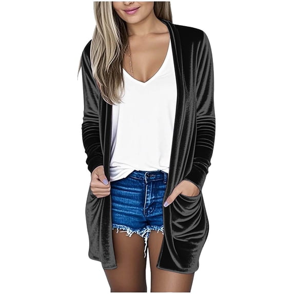 Fancifize Cardigans for Women Velvet Cardigan Long Sleeve Elegant Sweater Lightweight Casual Knit Fall Fashion Outwear with Pockets