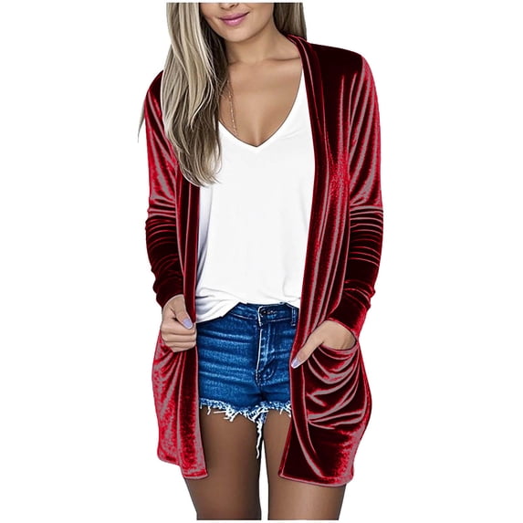 Fancifize Cardigans for Women Velvet Cardigan Long Sleeve Elegant Sweater Lightweight Casual Knit Fall Fashion Outwear with Pockets
