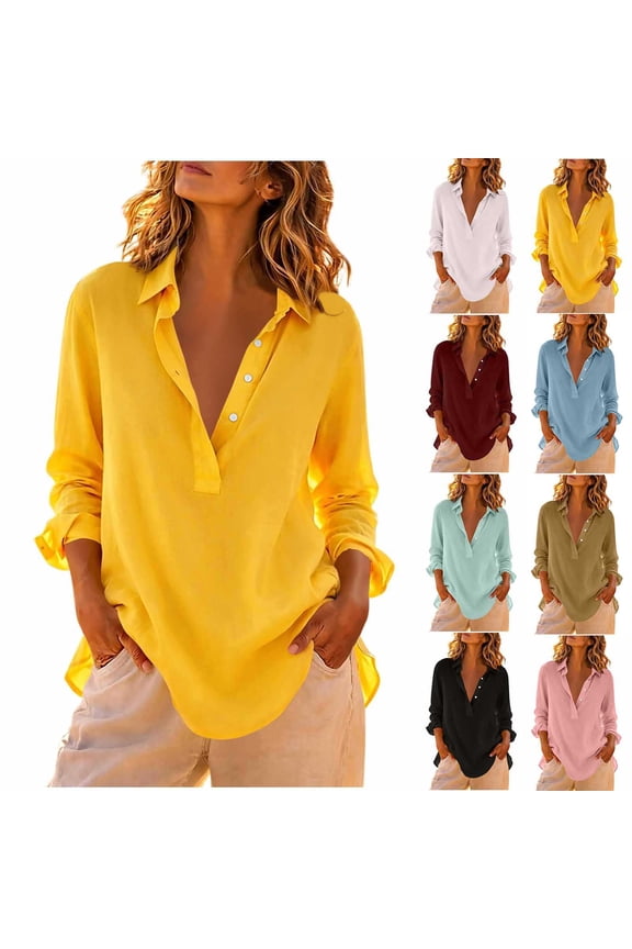 Casual Blouses for Women Collared Long Sleeve Half Button Pullover Shirts Vacation Loose Cotton Tops