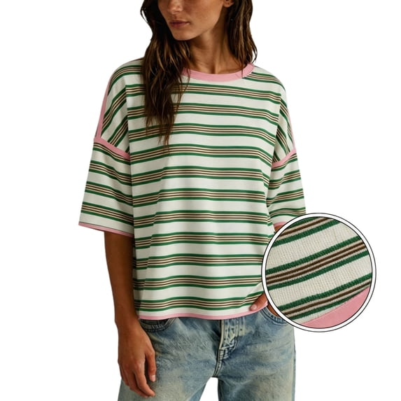 Fancifize Casual Striped Tshirts for Women Summer Crewneck Short Sleeve Vintage Trendy Color Block Tee Blouse Tops