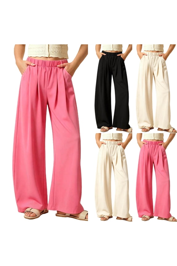 Chino Pants for Girls Casual Elastic High Waist Straight Leg Dress Pant Kids Pleated Flowy Trousers