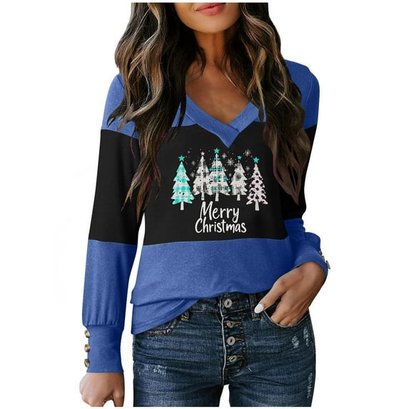 Fancifize Christmas Shirt for Women Color Block Tunic Top Funny Xmas Tree Print T Shirt V Neck Long Sleeve Fall Casual Outwear