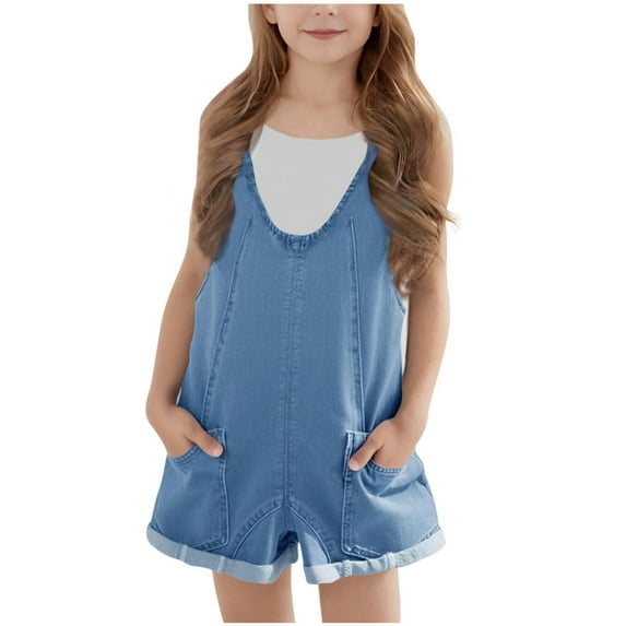 Fancifize 5-14Y Girls Denim Overall Shorts Kids Summer Adjustable Straps Jumpsuits Jeans Shortalls V Neck Short Jumpers with Pockets
