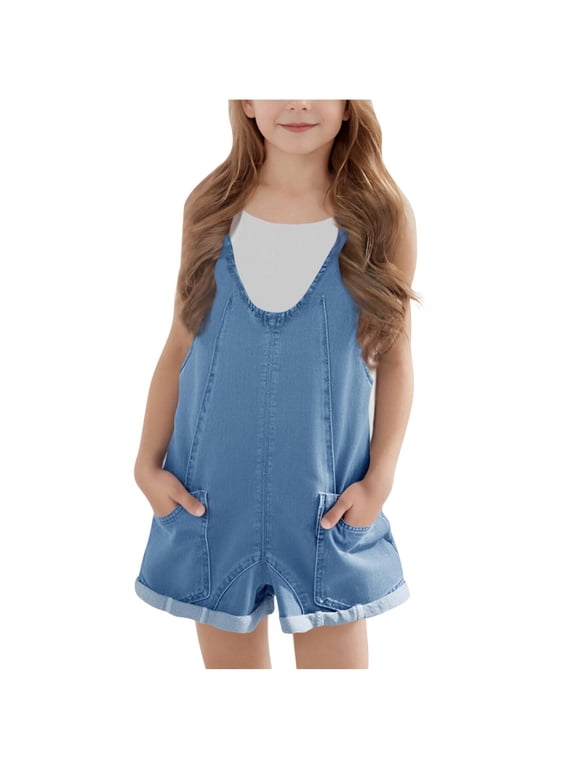 5-14Y Girls Denim Overall Shorts Kids Summer Adjustable Straps Jumpsuits Jeans Shortalls V Neck Short Jumpers with Pockets