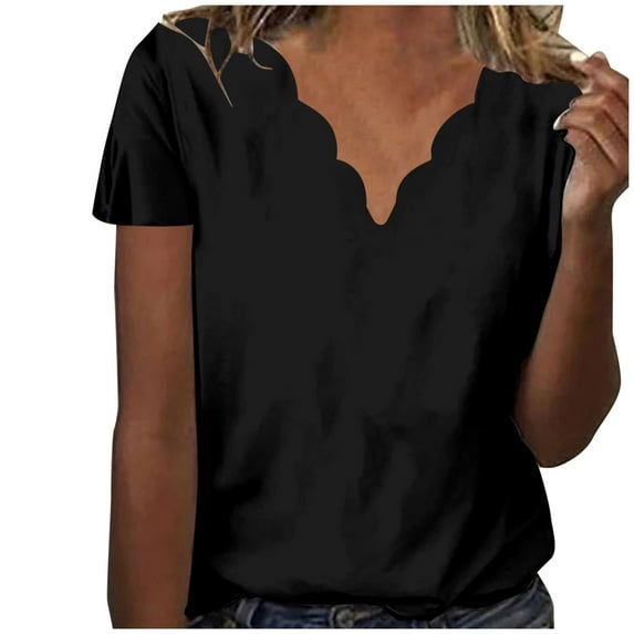 Fancifize Clearance Big Sale Women's Summer Short Sleeve V Neck Tops Shirt Wavy Edge Design Casual Tee Blouse Solid Fashion Loose Fit T Shirt
