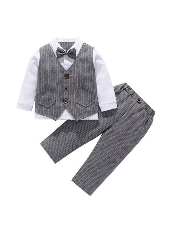 Boys Suit Dress Clothes Toddler Boy Cotton Long Sleeve Shirt Vest and Pants 2 Piece Set for Kids Wedding Tuxedo Suits,6M-10Y