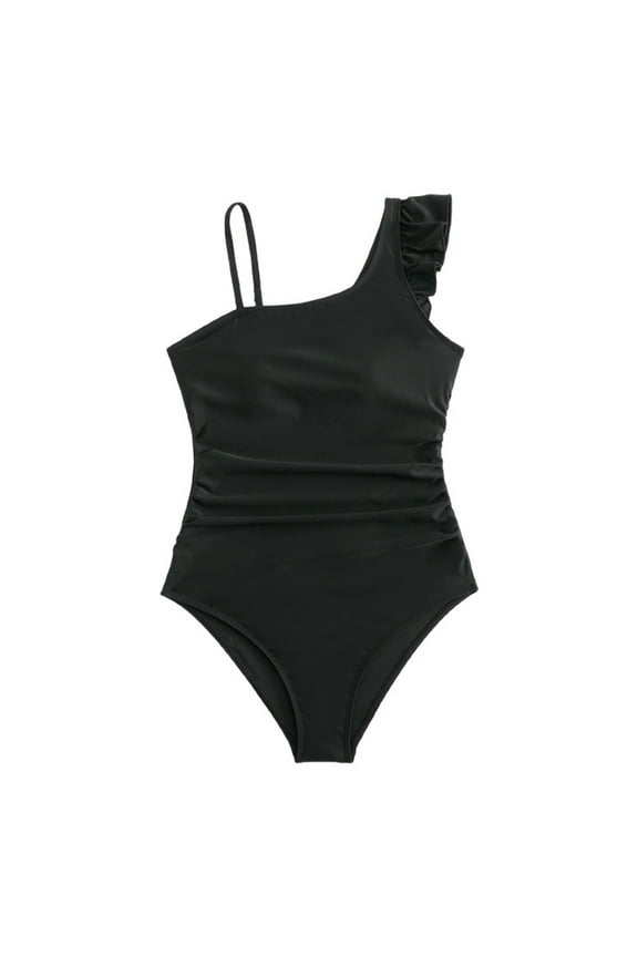Girl's Cute Ruffle Sleeve One Piece Swimwear One Shoulder Bathing Suit Teen Girls Swimsuit 13-16 Year