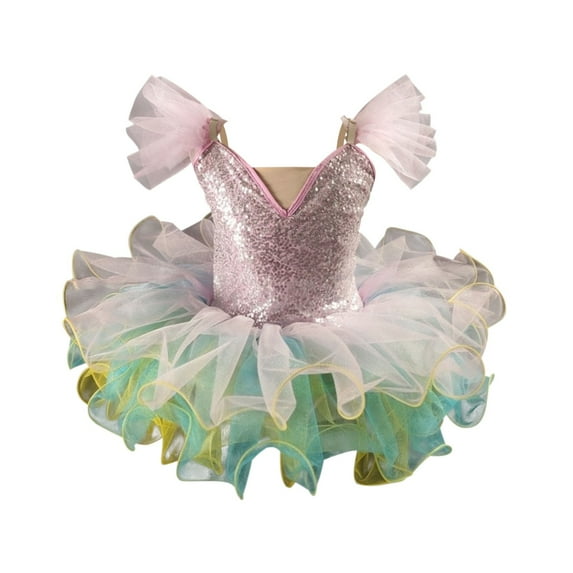 Fancifize Girl's Skirted Leotard Ballet Ruffle Sleeve Sequin Tutu Swan Costumes Competition Skirt Dress 1-14 Years