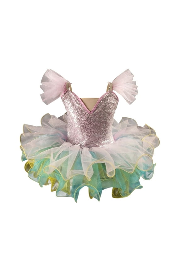 Girl's Skirted Leotard Ballet Ruffle Sleeve Sequin Tutu Swan Costumes Competition Skirt Dress 1-14 Years