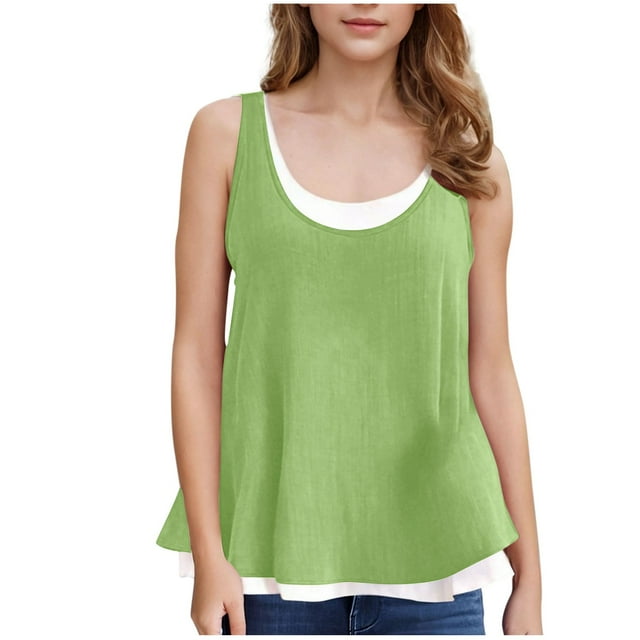 Fancifize Girls Linen Blend Tank Top Color Block Crew Neck Sleeveless Top Beach Vacations Tank Sizes 5-14Y