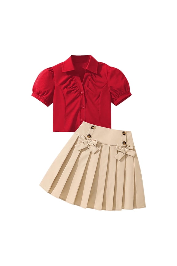 Girls Princess Two Piece Set V Neck Puff Sleeve Blouse and Pleated Skirt School Uniform Tea Party Dress Up for 8-13Y