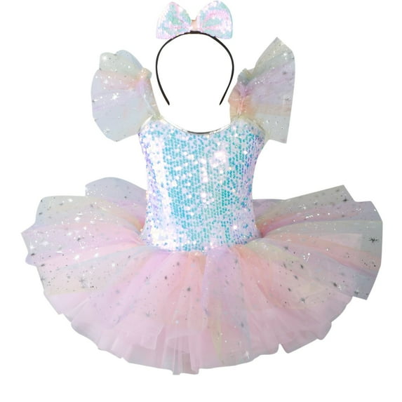 Fancifize Girls Ruffle Sleeve Skirted Leotard Ballet Dress Sparkle Swan Lake Tutu Ballerina Costumes for Competition 1-14 Years