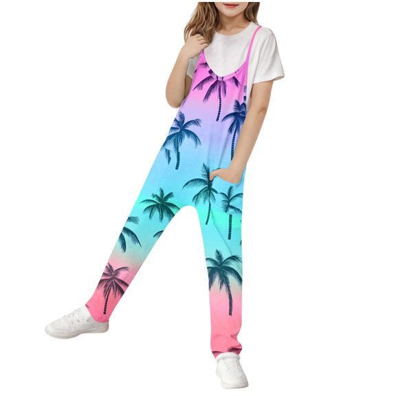 Fancifize Girls Sleeveless Jumpsuits Cute Spaghetti Strap Loose Rompers Tropical Printing Summer Long Pants with Pockets 5-14 Years