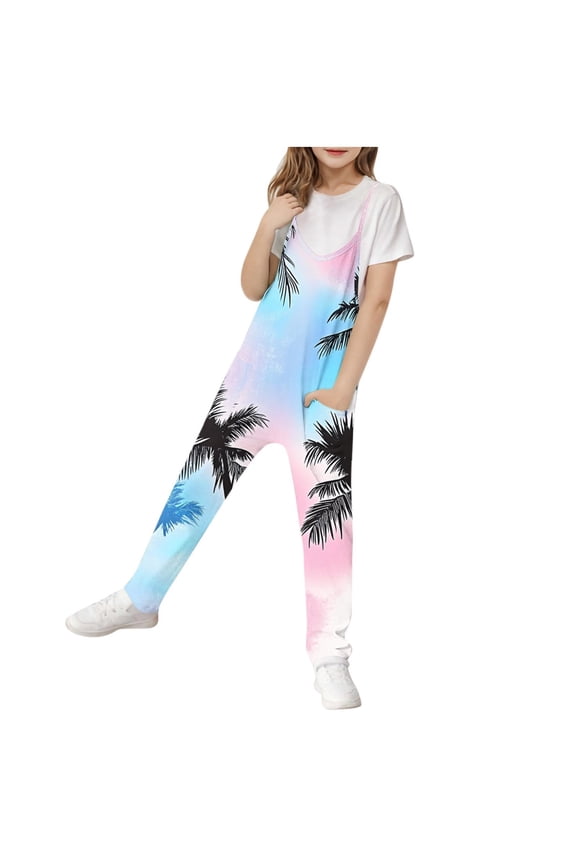 Girls Sleeveless Jumpsuits Cute Spaghetti Strap Loose Rompers Tropical Printing Summer Long Pants with Pockets 5-14 Years