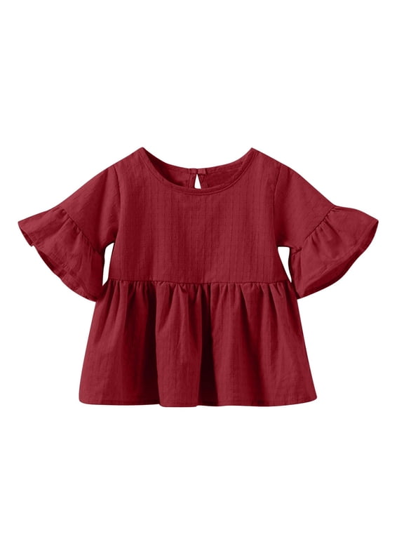 Girls' Summer Babydoll Shirts Cute Tops Ruffle Sleeve Crew Neck Casual Shirts Baby Girl Pleated Tunic Top 1M-4Y