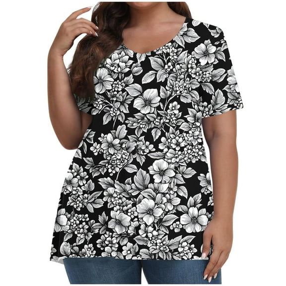 Fancifize Plus Size Womens Floral Blouse Short Sleeve V Neck Tunic Top Loose Casual Dressy Shirt for Summer,