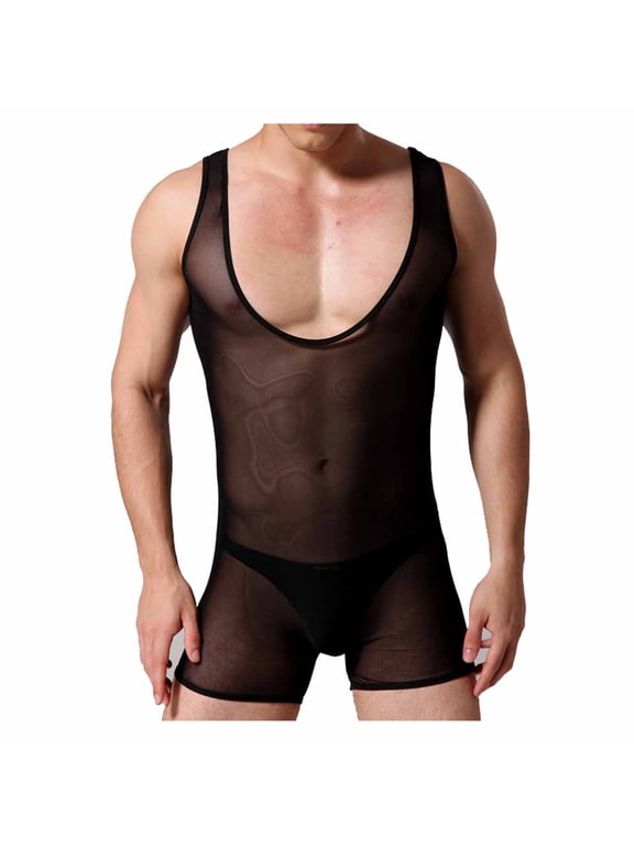 Men's See-Through Mesh Bodysuit Underwear Sexy Transparent Base Layers Jumpsuit Boxers Briefs Singlet Bulge Gym Sports Leotard