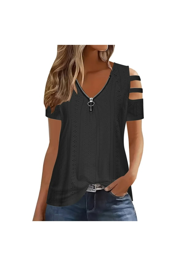 Womens Quarter Zip Summer Tops V Neck Cutout Short Sleeve Shirts Trendy Casual Eyelet Blouses Shirts Tops