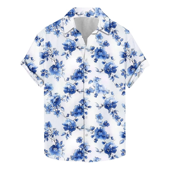 Fancifize Summer Men's Palm Print Shirt Retro 70s Hawaiian Shirt Loose Fit Button Down Beach Shirts for Tropical Vacation,M,Sky Blue2