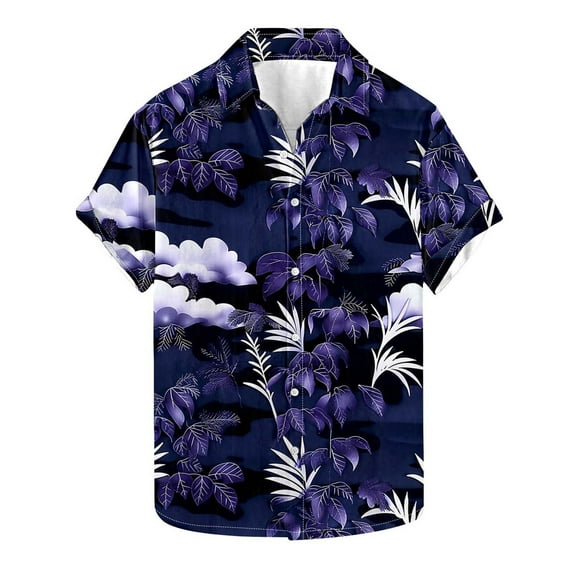 Fancifize Summer Men's Tropical Aloha Shirt Vibrant Hibiscus Print Resort Shirt Button Down Beach Shirt for Parties & Island Holiday,XXL,Navy