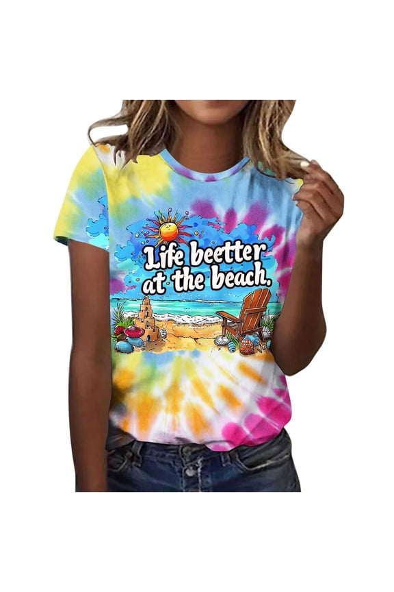 Summer Women's Plus Size Palm Print Shirt Vibrant Tropical Vacation Tee Round Neck Short Sleeve Summer Top,S,Multicolor2
