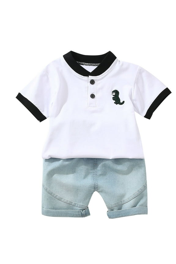 Toddler Boys Set - Printed Short Sleeve Tee and Denim Shorts - Boys Summer Outfit Playwear Outfits 1-8Y