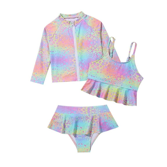 Fancifize Toddler Girls Swimsuit Bathing Suit Ruffle Rash Guard Swimwear Long Sleeve 3 Piece Tankini Summer Kids Swimwear 4-8 Years
