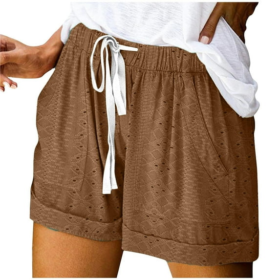 Fancifize Clearance Women Drawstring Casual Shorts Comfy Elastic Waist Pure Color Shorts Eyelets Summer Beach Lightweight Short Pants with Pockets