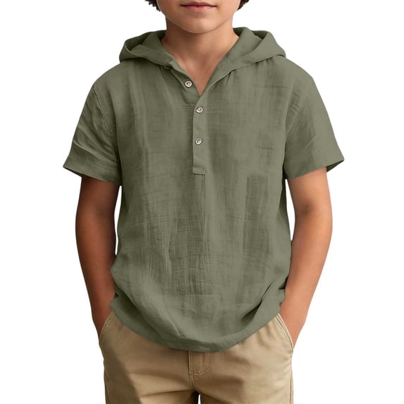 Fancifize Cotton Hoodies for Boys Summer Short Sleeve Quarter Button Hooded Tshirts Kids Casual Loose Tops 5-14 Years