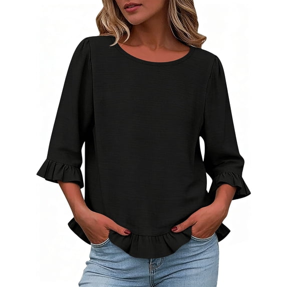 Fancifize Cotton Linen Shirts for Women Puff 3/4 Sleeve Shirt Beach Crew Neck Ruffle Hem Tops Vacation Fashion Summer Outfits