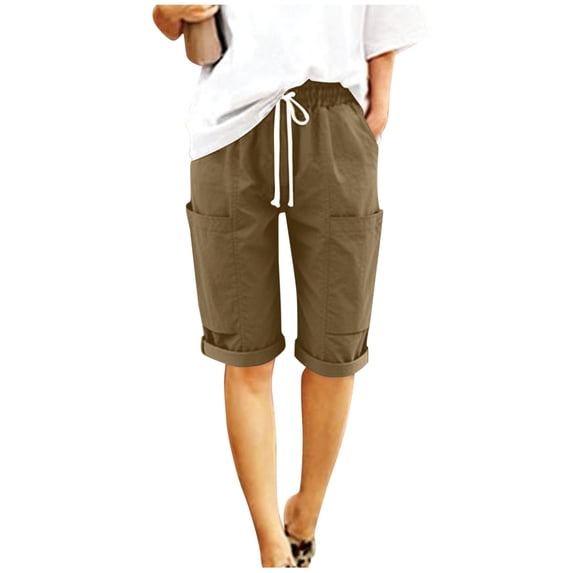Fancifize Cotton Linen Shorts for Women Wide Leg Elastic Waist Vacation Shorts Casual Summer Beach Loose Fits Pants Outfits with Pockets