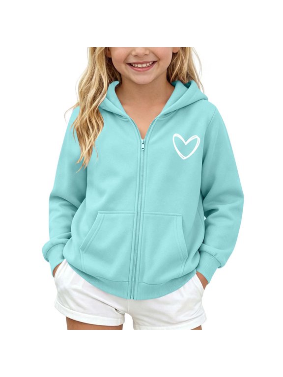 Cute Fall Fleece Hooded Sweatshirt for Girls, Teens Zip Up Heart Graphic Hoodies Jacket with Pockets, 5-14 Years