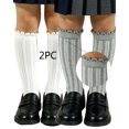 thumbnail image 1 of Fancifize Cute School Uniform Socks for Girls Knee High Sockings 2 Pairs Ruffle Cuff Ribbed Texture Sock for Daily Wear, 1 of 5