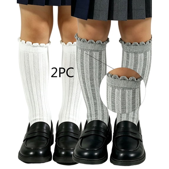 Fancifize Cute School Uniform Socks for Girls Knee High Sockings 2 Pairs Ruffle Cuff Ribbed Texture Sock for Daily Wear