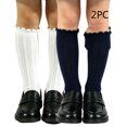 thumbnail image 1 of Fancifize Cute School Uniform Socks for Girls Knee High Sockings 2 Pairs Ruffle Cuff Ribbed Texture Sock for Daily Wear, 1 of 5
