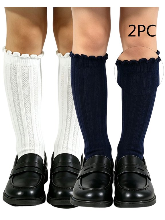 Cute School Uniform Socks for Girls Knee High Sockings 2 Pairs Ruffle Cuff Ribbed Texture Sock for Daily Wear