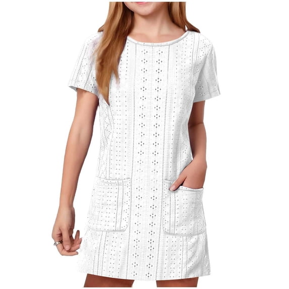 Fancifize Dress for Girls Crew Neck Tunic Dresses Eyelet Short Sleeve Breathable Outfits Kids Casual Hollow Out Summer Clothes 5-15 Years
