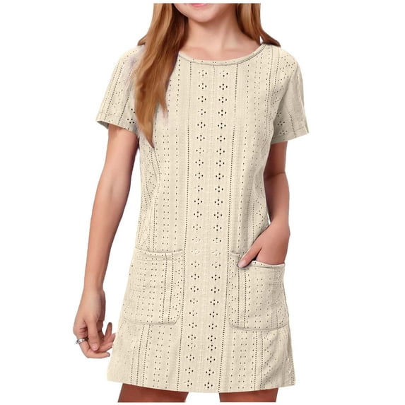 Fancifize Dress for Girls Crew Neck Tunic Dresses Eyelet Short Sleeve Breathable Outfits Kids Casual Hollow Out Summer Clothes 5-15 Years