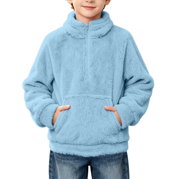 Fancifize Fancifize Half Zip Sherpa Fleece Sweatshirts for Boys Girls, Mock Neck Fuzzy Warm Pullover Tops with Pockets, 3-14 Years